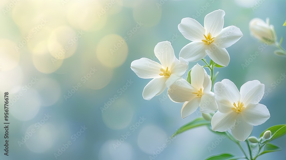 Delicate jasmine flowers with a soft, out-of-focus background, providing space for text on the left. Delicate jasmine flowers with a soft, out-of-focus background, providing space for text on the left.