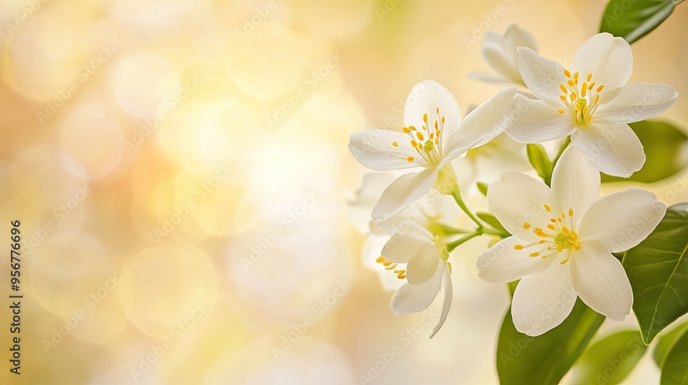 Delicate jasmine flowers with a soft, out-of-focus background, providing space for text on the left. Delicate jasmine flowers with a soft, out-of-focus background, providing space for text on the left.