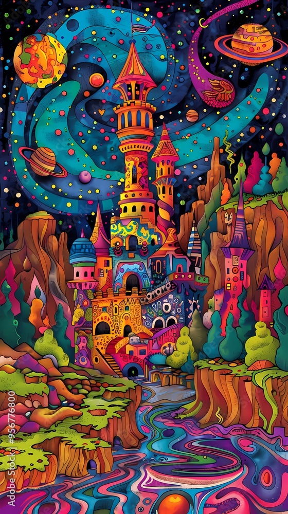 Obraz premium beautiful castle on a planet in galaxy illustration poster background