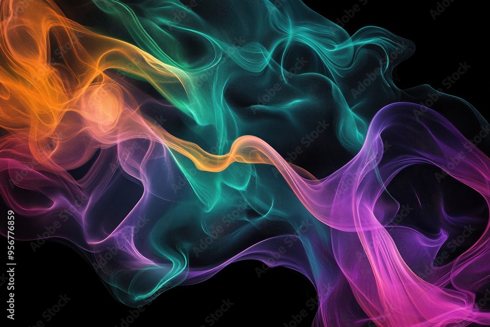 Abstract line art illustration featuring vibrant smoke in shades of violet green and orange against a black backdrop highlighting the fluid movement of the smoke Abstract line art illustration featuring vibrant smoke in shades of violet green and orange against a black backdrop highlighting the fluid movement of the smoke