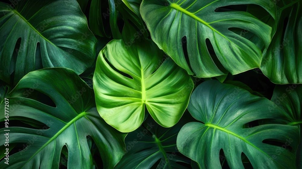 Obraz premium Detailed view of large philodendron leaves with visible texture, emphasizing the plant's natural elegance.