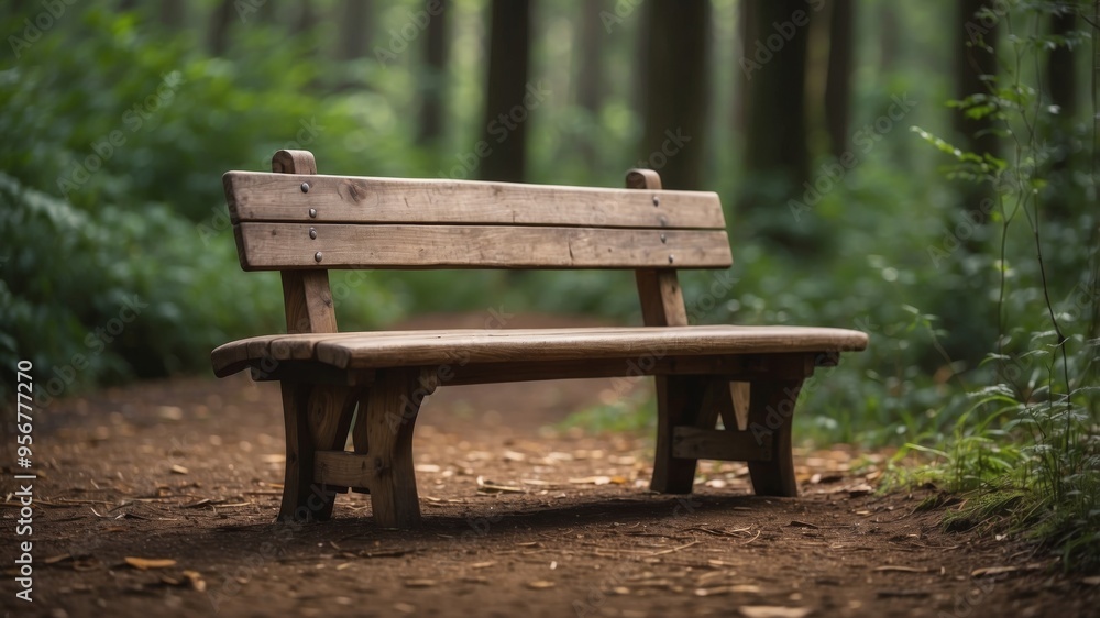 A wooden bench sitting in the middle of a lush green forest. A wooden bench sitting in the middle of a lush green forest.