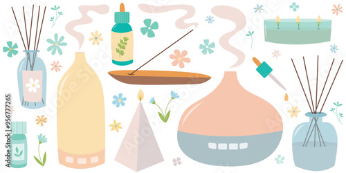 Aroma diffusers vector flat set. Vector aromatherapy set. Aroma essential oil, aroma diffusers, candles, burning incense sticks and flowers