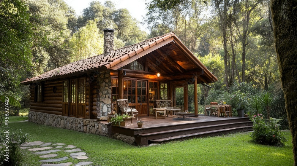 A charming log chalet in the heart of a forest, providing a serene escape with a rustic atmosphere. A charming log chalet in the heart of a forest, providing a serene escape with a rustic atmosphere.