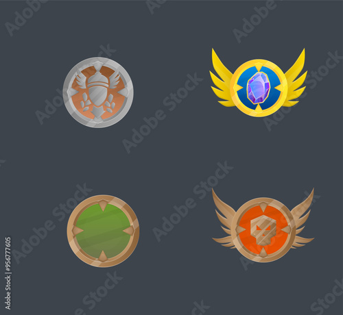 Set Of Four Coin Medal Achievement Icon Badge Golden Silver Bronze Game UI Logo Element Metal Isolated Vector Design