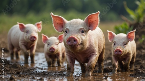 Adorable Piglets Playing in Mud on Idyllic Farm with Blue Sky and Green Forest.