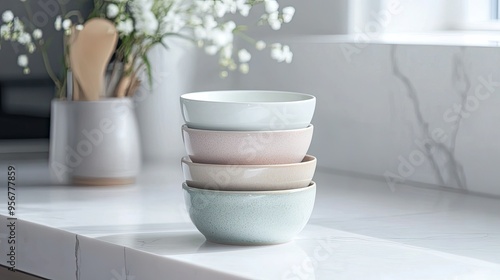 Elegant stack of delicate ceramic bowls with pastel hues and subtle textures, set on a white marble countertop.