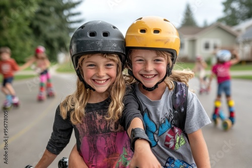 Two children wearing helmets, smiling and hugging while roller skating on a street with other kids in the background, showcasing joyous outdoor activities.