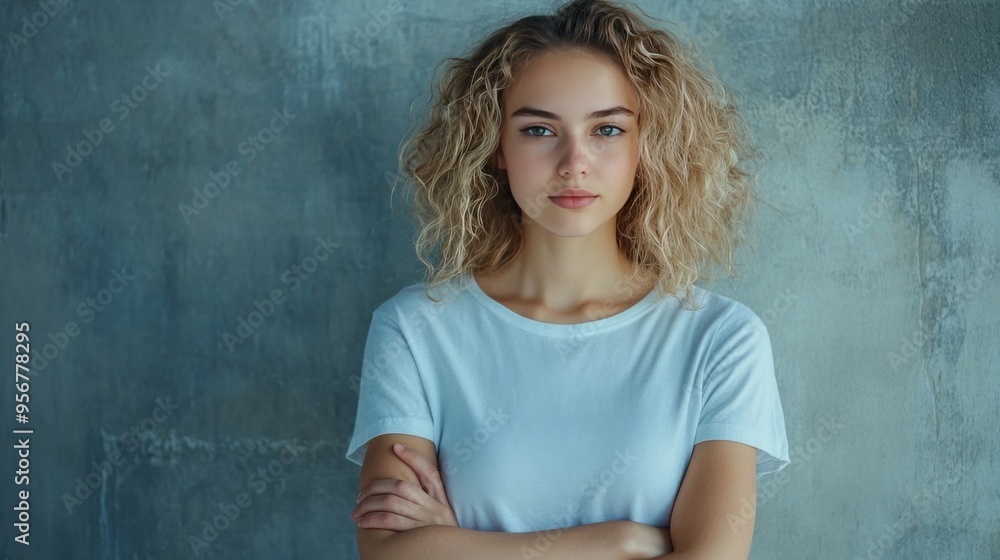 Arms crossed, blonde, white, empty background Arms crossed, blonde, white, empty background