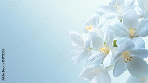 Elegant white jasmine blossoms with ample space for text on a gradient background, perfect for a calm design.