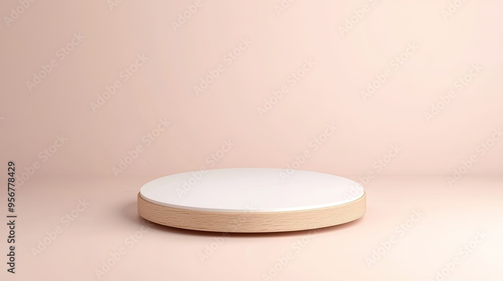 Elegant white round podium with a wood top, set against a soft gradient background, ideal for product placement. Elegant white round podium with a wood top, set against a soft gradient background, ideal for product placement.