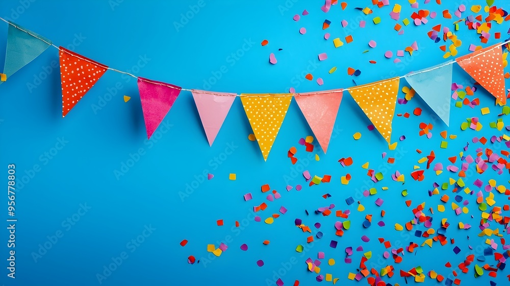 Obraz premium Vibrant Triangular Flags and Confetti Backdrop