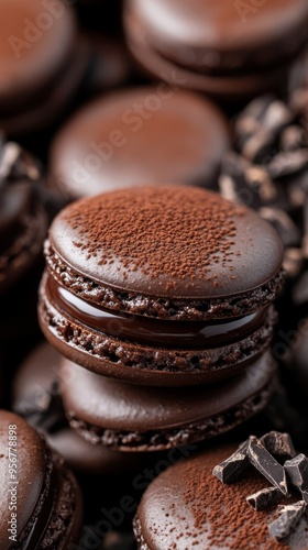 Rich chocolate macarons with glossy filling, stacked together photo