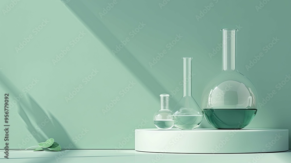Three Glass Flasks on a White Pedestal Against a Green Background Three Glass Flasks on a White Pedestal Against a Green Background