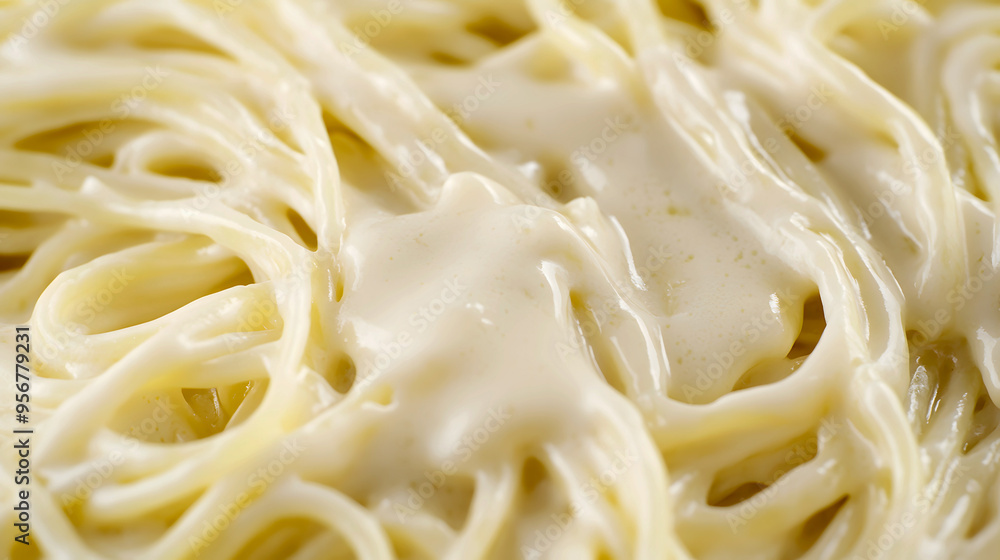 Close-up of Spaghetti Alfredo, highlighting the rich, buttery sauce coating each strand of pasta Close-up of Spaghetti Alfredo, highlighting the rich, buttery sauce coating each strand of pasta