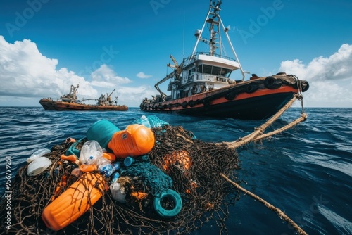 Wallpaper Mural A fishing boat hauls in an assortment of floating ocean debris, including plastic bottles, ropes, and discarded items, illustrating the challenge of marine pollution and conservation efforts. Torontodigital.ca