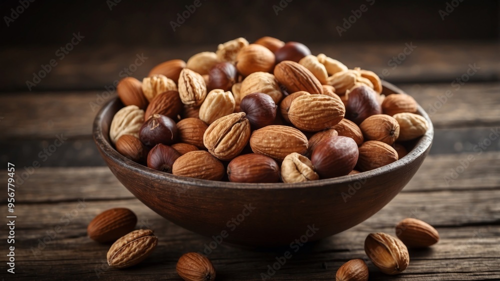 Assorted Nuts in a Bowl on Rustic Wooden Table with Copy Space. Assorted Nuts in a Bowl on Rustic Wooden Table with Copy Space.