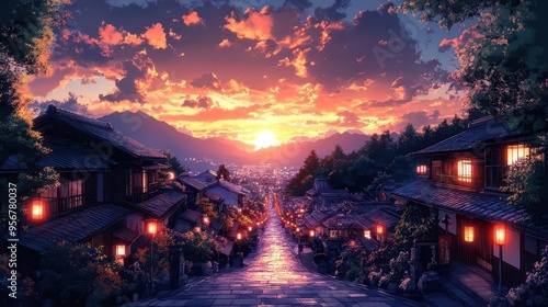 traditional japanese townscape at twilight lanternlit streets winding between wooden houses soft warm colors and intricate details evoke a cozy nostalgic anime aesthetic