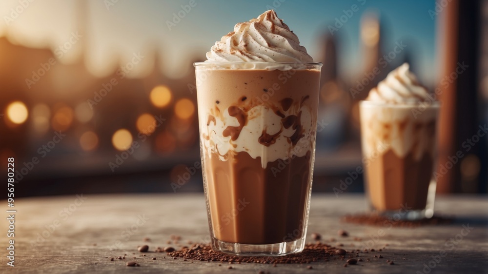 Creamy iced coffee topped with whipped cream and cocoa. Creamy iced coffee topped with whipped cream and cocoa.