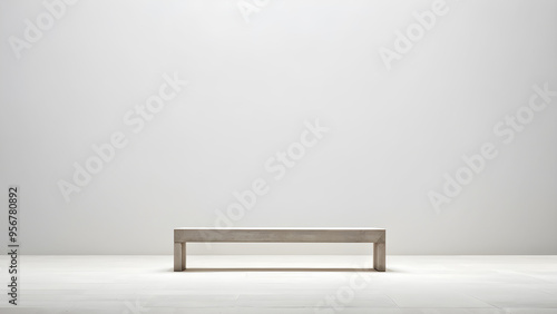 empty table stand in a large white hall, bench in the studio