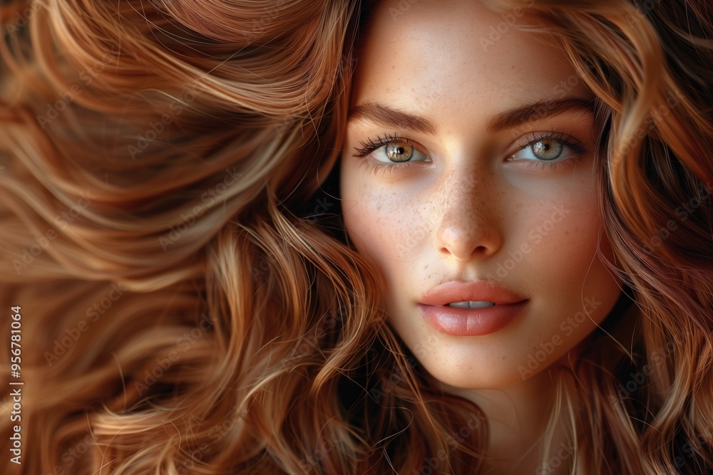 Naklejka premium Beautiful redhead woman with luxurious, ginger hair extensions, volume, soft waves and a natural look. Beauty, hair care, and Hairdressing, Hairdresser Salon. 