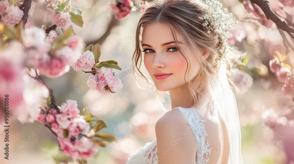 Bride and blooming tree in spring. Bride and blooming tree in spring.