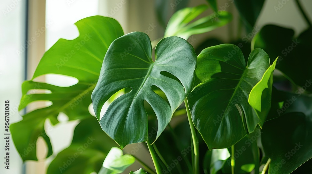 Obraz premium Lush philodendron leaves in a natural, indoor setting, perfect for a tropical and refreshing environment.