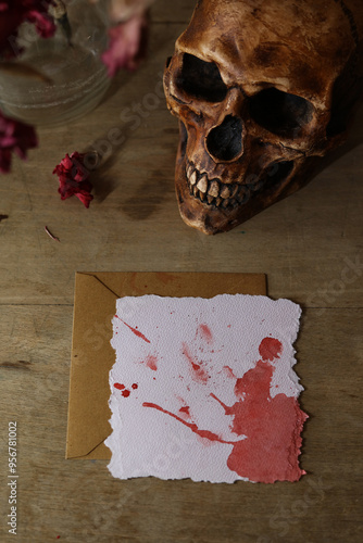 Top View Skull with Bloody Letter on Wooden Table, mock up