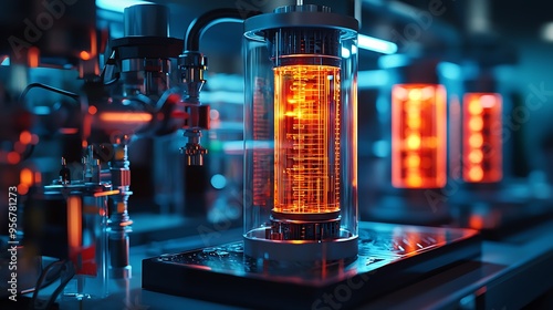 A futuristic science lab glows with an orange glass tube, casting an advanced and mysterious ambiance.