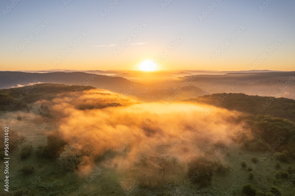 Aerial scene above the forest on Via Transilvanica. Foggy landscape above the green oak trees Aerial scene above the forest on Via Transilvanica. Foggy landscape above the green oak trees