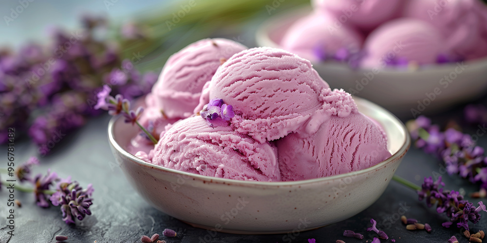 Lavender ice cream float served in a ceramic bowl surrounded with fresh lavender flowers. Lavender ice cream float served in a ceramic bowl surrounded with fresh lavender flowers.