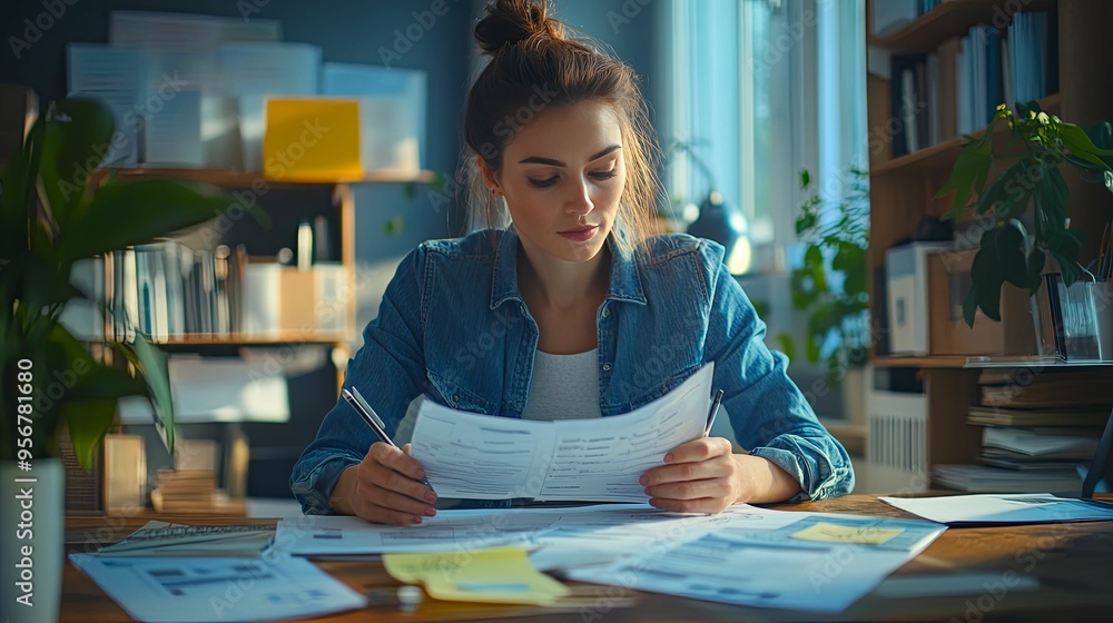 Woman reviewing documents at a desk in an office Woman reviewing documents at a desk in an office