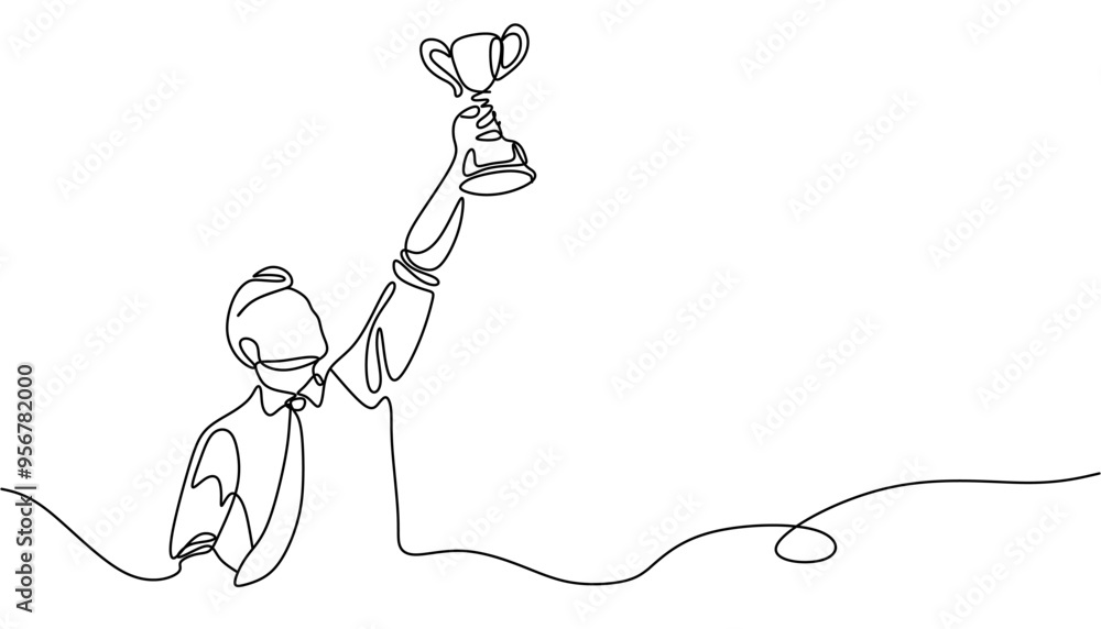 Fototapeta premium One line drawing of a man holding a trophy, success and victory concept. Minimalist winner with a trophy, single line vector illustration. 