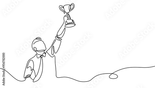 One line drawing of a man holding a trophy, success and victory concept. Minimalist winner with a trophy, single line vector illustration.
