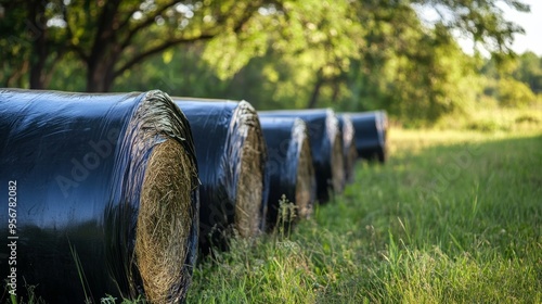 Farmer wraps hay bales.