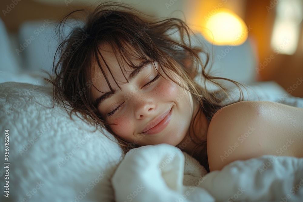 Beautiful young smiling woman sleeping in bed Beautiful young smiling woman sleeping in bed
