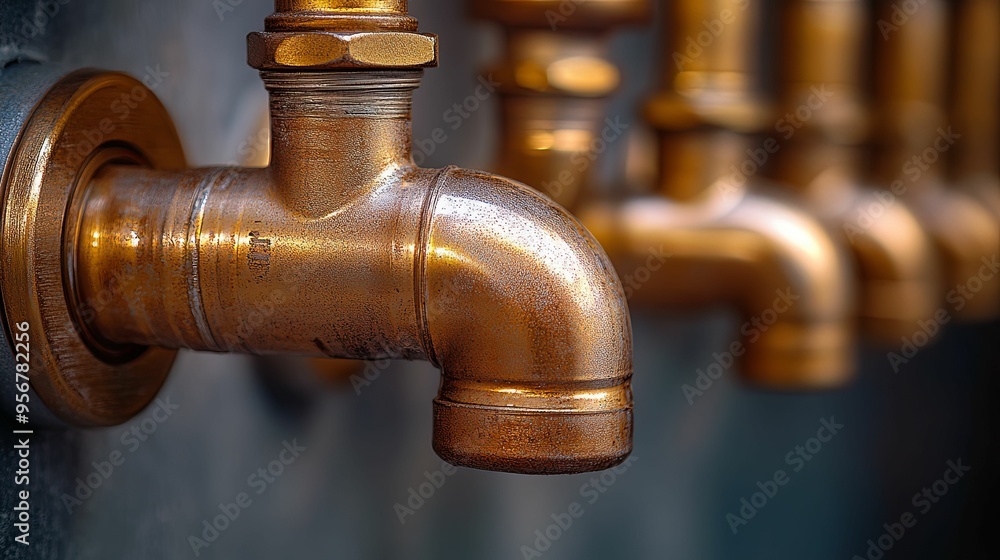 Close-up of a Brass Faucet with a Row of Faucets in the Background Close-up of a Brass Faucet with a Row of Faucets in the Background