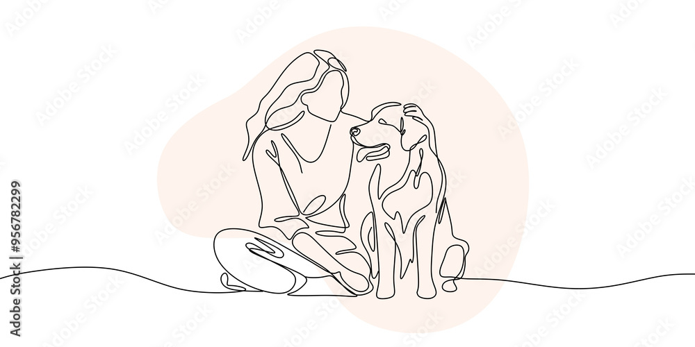 continuous line drawing of happy pet lover with dog vector illustration continuous line drawing of happy pet lover with dog vector illustration