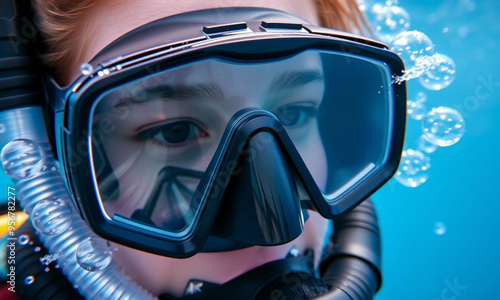 A close-up of a snorkeler’s face wearing a high-tech scuba mask and snorkel