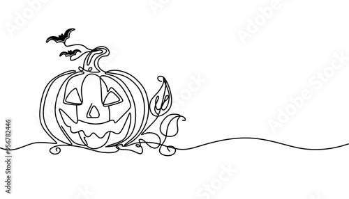 Continuous one line drawing Halloween pumpkin Jack o Lantern. Vector illustration Halloween concept line art, outline