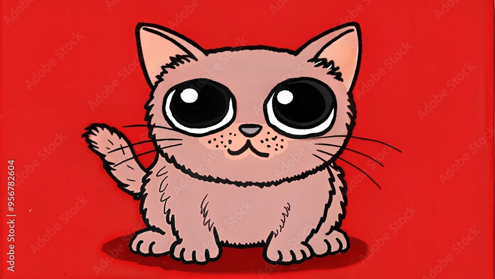 Adorable Cartoon Cat with Big Eyes on a Red Background Adorable Cartoon Cat with Big Eyes on a Red Background