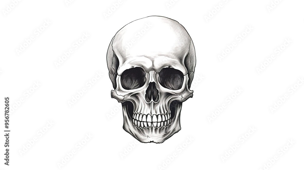 Fototapeta premium Black and white retro skull illustration on white background，generated with AI.