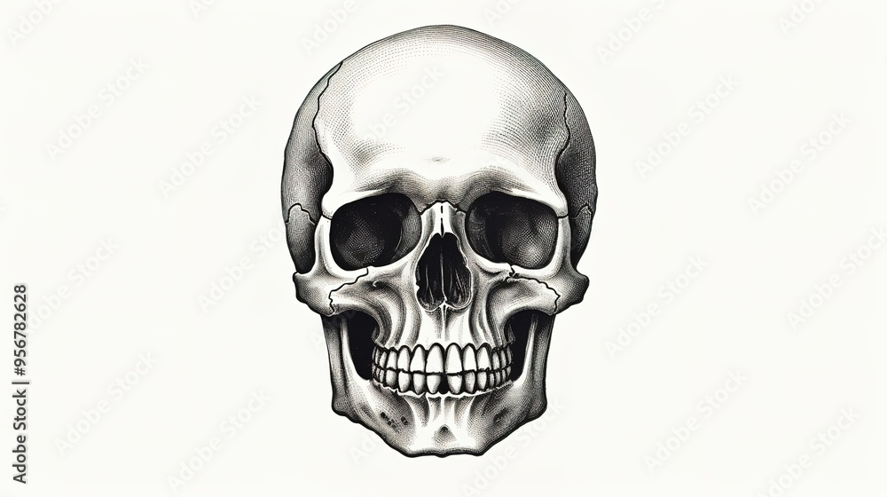 Black and white retro skull illustration on white background,generated with AI. Black and white retro skull illustration on white background,generated with AI.