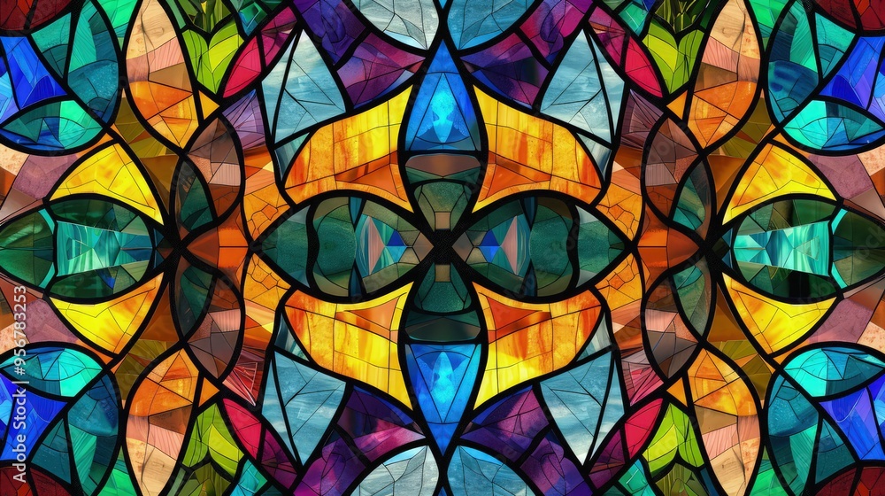 A seamless pattern of intricate stained glass windows, featuring a kaleidoscope of vibrant colors and abstract geometric shapes. A seamless pattern of intricate stained glass windows, featuring a kaleidoscope of vibrant colors and abstract geometric shapes.