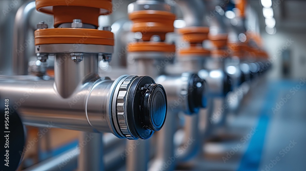 Close-up of a Row of Industrial Valves with Orange and Black Details Close-up of a Row of Industrial Valves with Orange and Black Details