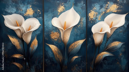 triptych of elegant calla lily paintings white flowers on deep blue background with gold accents minimalist luxurious aesthetic