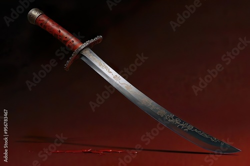 Katana Enshrouded A Minimalist Scene on a Red Background photo