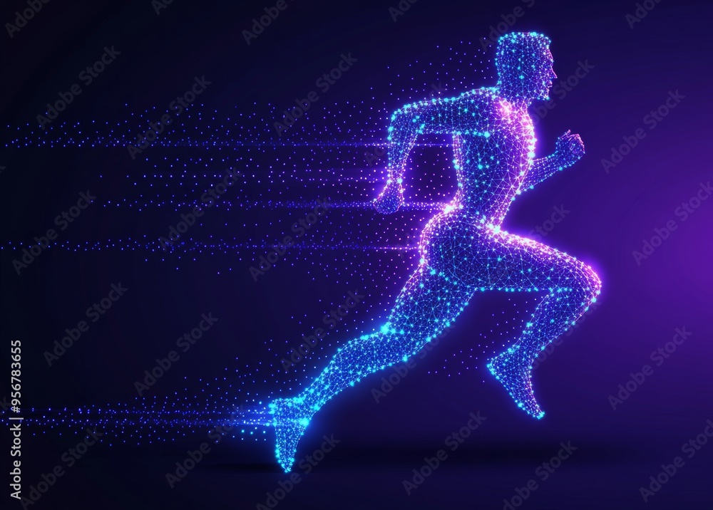 Fototapeta premium The concept of sport science depicts a polygonal male athlete running with light effects