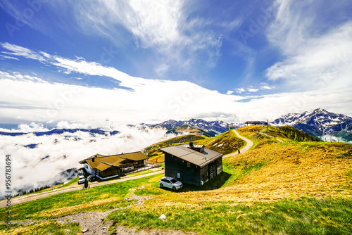 View from Schatzberg of the surrounding landscape. Idyllic nature in Wildschönau in the Kufstein district in Austria. Mountain landscape in the Kitzbühel Alps in Tyrol.
 photo