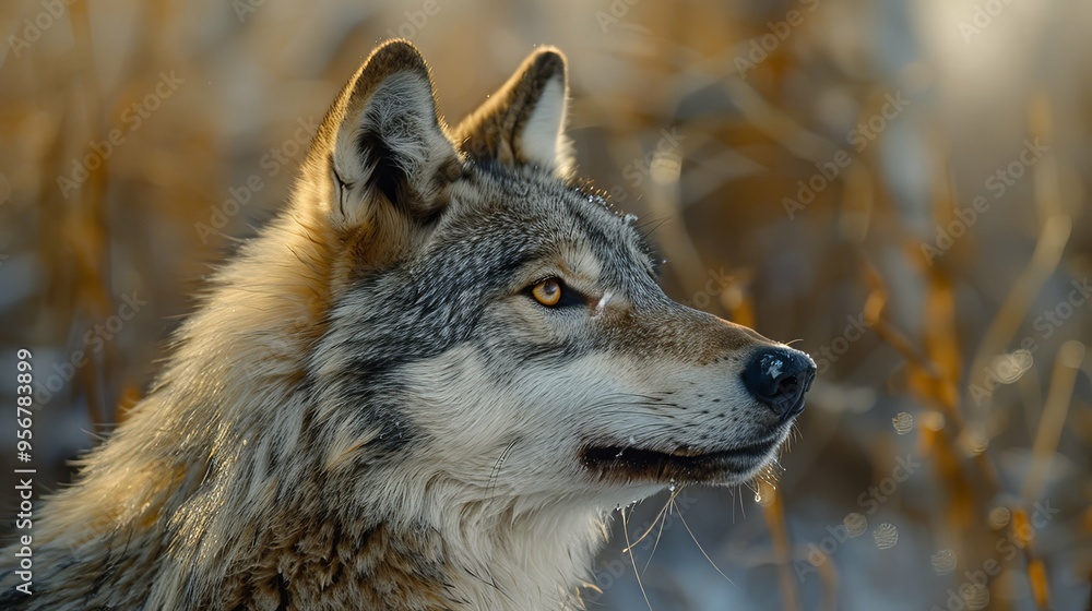 Grey Wolf Portrait with Golden Eyes and a Drool Grey Wolf Portrait with Golden Eyes and a Drool